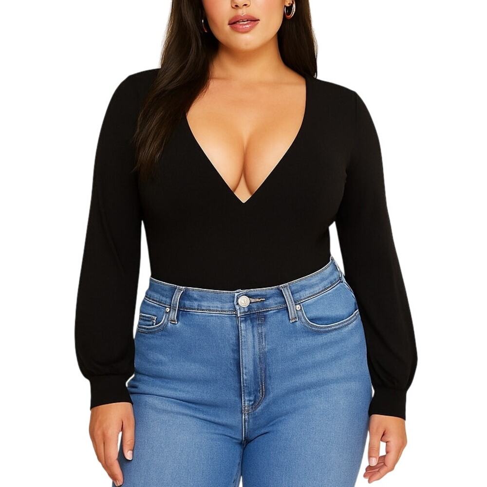 Mikey & Joey Black Deep V-Neck Long Sleeve Body Suit Top Large
